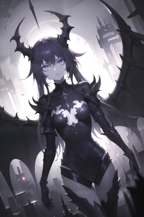 masterpiece, (high quality: 1.4), girl, cold indifference, blank stare, purple eyes, undead, ribs, (elegance: 1.2), intricate details, (wings: 0.7), futuristic city, terrifying atmosphere , long hair, perfect skin, black blood, pale aesthetics, Rashed AlAkroka, solo, apocalypse, (high contrast:0.7), dynamics, dark colors, 8k, Dutch angle, head tilt, sideways