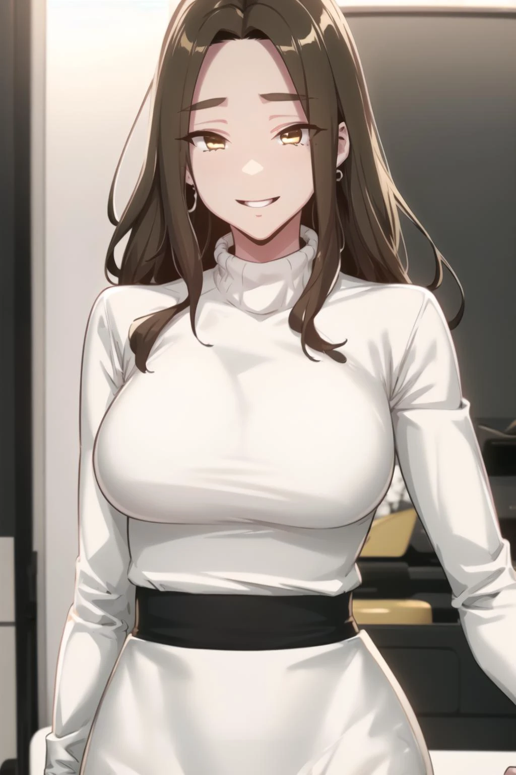 <lora:HyunMi_SSG:1> hyundef, brown hair, brown eyes, long hair, looking at viewer,
upper body, standing, turtleneck, long sleeves, black skirt, white shirt, smile, oversized clothes,
masterpiece, best quality,