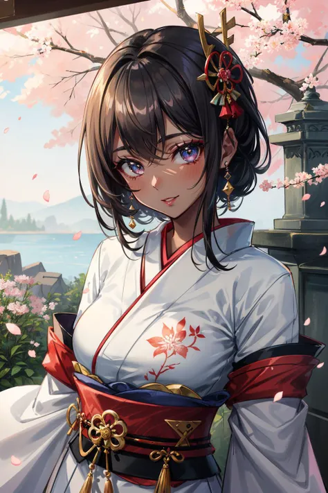 (masterpiece:1.5), (((top quality, best quality, high quality))), ((intricately detailed, ultra-detailed, insanely detailed)), highres, 32K, extremely detailed unity CG 8K wallpaper, (beautiful and aesthetic:1.2), (((award-winning))), professional illustration, official art, large size image, fine intricate details,
perfectly proportioned, flawless orientation, sharp focus, extreme sharpness, perfect clarity, (close-up), cinematic angle, ((soft ambient lighting, vibrant colors)), dynamic pose, looking straight, (relaxed posture:1.4),
(upper body:1.4),
(1girl:1.5), (female focus:1.5), (dark-skinned female:1.4), (geisha:1.5),
beautiful gorgeous face, [:(detailed face:1.2):0.2], (bright big eyes:1.5), pureerosface_v1, red lips, full lips, (happy:1.5),
(very dark skin:1.5), perfect feminine body, narrow waist, (grey hair:1.5),
(white clothes:1.5), (Japanese kimono:1.5), (floral-print:1.5), (((crotch seam, cropped front seam))), (((identical))) earrings, hair jewelries, hairclip, armlets,
(walking in a Japanese-styled garden with bonsais and stone lamppost:1.5), (full-bloomed cherry blossoms:1.5), (flying petals:1.5), (windy), (a peaceful and poetic scenery:1.5), <lora:ddmrdtls:0.5>,