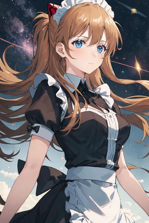 1girl, medium breasts, <lora:souryuuasukalangleyV9:0.6> souryuuasukalangley, black dress, maid, clothing lace, floating hair, space, star \(sky\), upper body,
masterpiece, best quality,