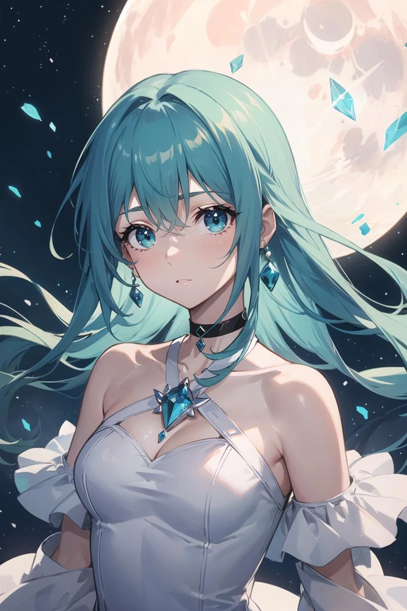 aqua eyes, aqua hair, 1girl, white dress, night, moon, gem, portrait, upper body, light particles, bare shoulders, choker,
masterpiece, best quality,