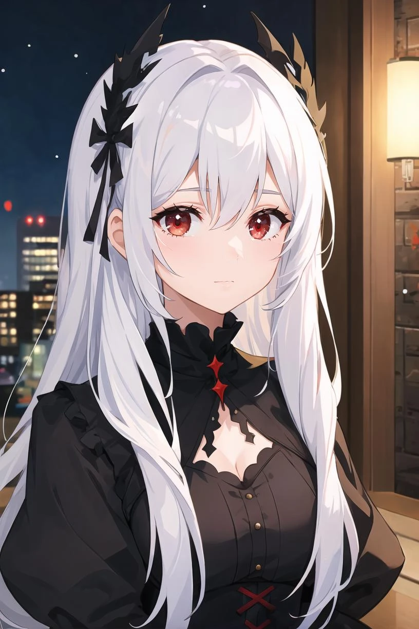 1girl, gothic, white hair, red eyes, upper body, portrait, black dress,
masterpiece, best quality,