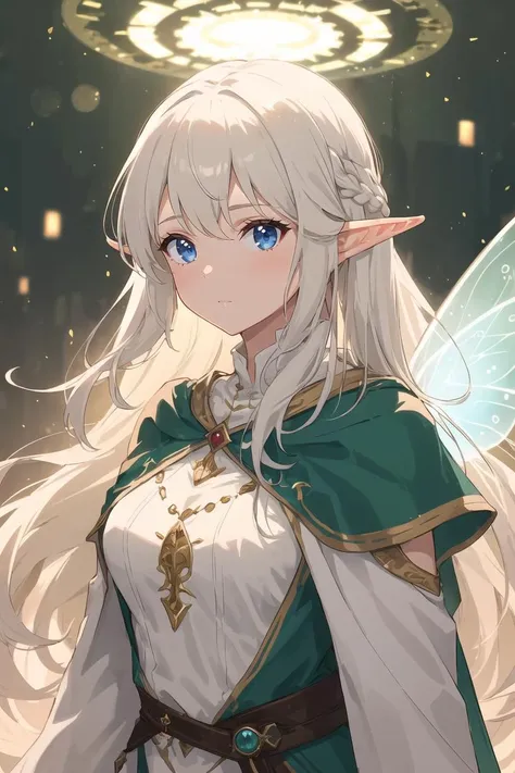 1girl, upper body, adorned with (elven:1.3) jewelry, with (flowing:1.2) hair, standing in a (fairy:1.2) circle of light, blue eyes, 
masterpiece, best quality,