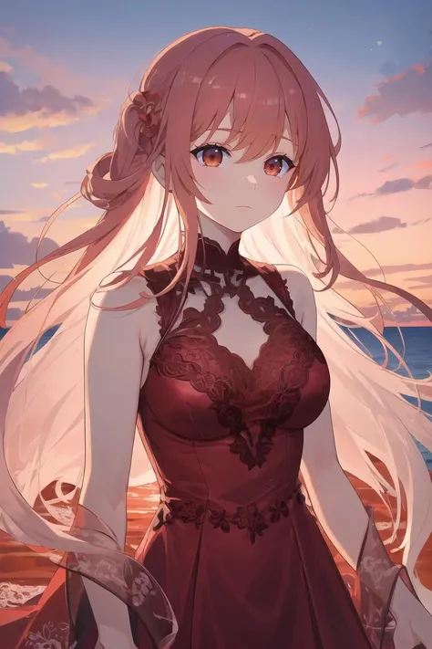 1girl, upper body, wearing a flowing (red:1.2) silk dress with intricate lace patterns, against a vibrant sunset sky painted in shades of orange and pink, red eyes,
masterpiece, best quality,