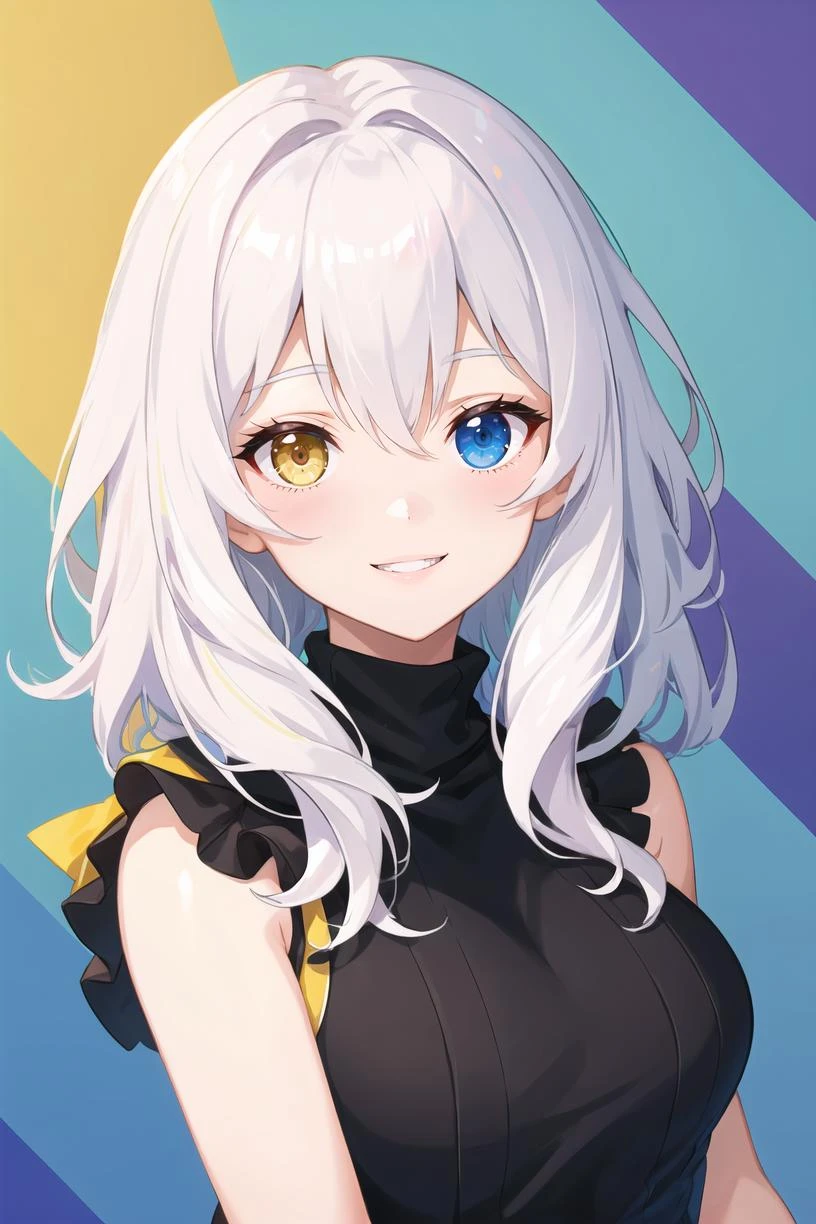 1girl, white hair, upper body, portrait, black dress, turtleneck, heterochromia, blue eye, yellow eye, medium hair, smile, sleeveless, teeth,
masterpiece, best quality,