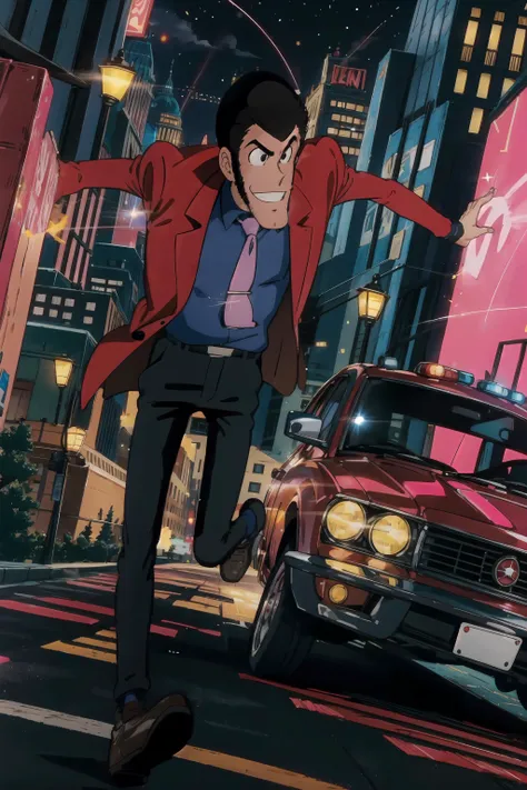 <lora:Lupin:0.8>,<lora:LupinPart2Style:0.7>, lupin, red jacket, pink tie, 1boy , pt2, full body, flashing police lights, spotlight, cocky smile, bullet trails, gunshots, city, night, running, bullet tracers,