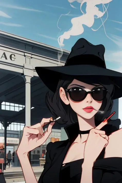 drawing, beautiful woman, portrait, smoking a cigarette, smoke in air, black sunglasses, big black hat, train station background, good anatomy, fashionable, masterpiece, <lyco:LupinPart2Style:1.0>