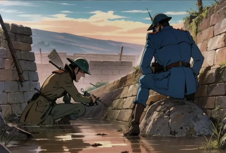 <lora:LupinPart2Style:1>, pt2, world war 1:1.4, blue french trenchcoat and helmet, deep in trenches, surrounded by mud and grime, corpses, barbed wire:1.2, rain, puddles, war, wallpaper, darkness, explosions in air, gunfire, holding binoculars, radio, horrors of war, gloom