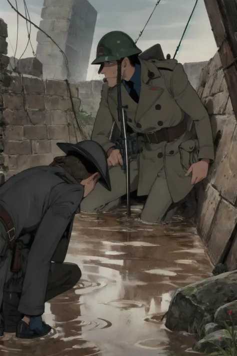 <lora:LupinPart2Style:1>, pt2, world war 1:1.4, blue french trenchcoat and helmet, deep in trenches, surrounded by mud and grime, corpses, barbed wire:1.2, rain, puddles, war, wallpaper, darkness, explosions in air, gunfire, holding binoculars, horrors of war, gloom