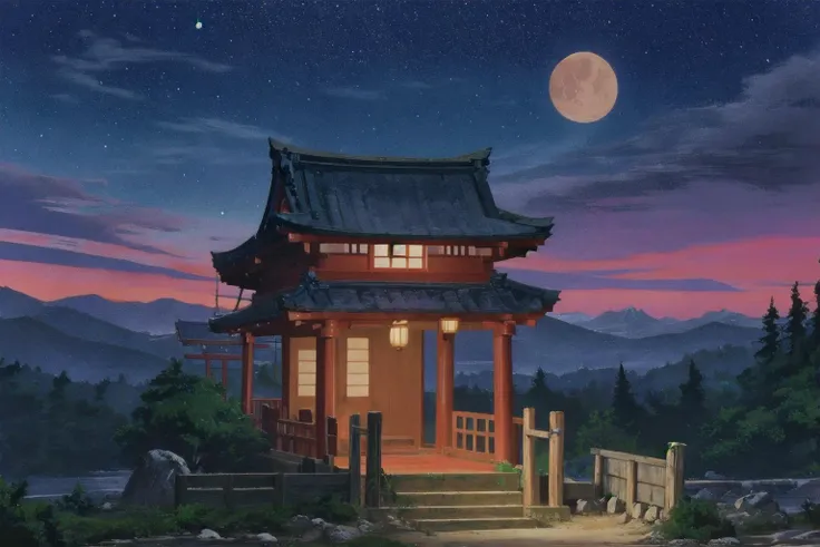 <lora:octans-PYNOISE-LOHA:1>, octans, sleepy japanese shrine at night landscape, beautiful night sky with stars and moon, telephone wires, hills with forest, mountains, expansive shrine at center, tori gates, <lora:LupinPart2Style:1> pt2