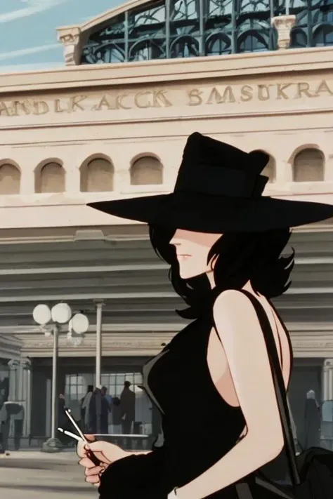 drawing, beautiful woman, smoking a cigarette, smoke in air, black sunglasses, big black hat, train station background, good anatomy, fashionable, masterpiece, <lyco:LupinPart2Style:1.0>