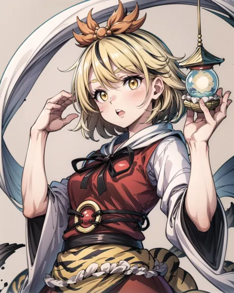 <lora:ShouToramaru:1>,toramaru shou, 1girl,blonde hair,multicolored hair,short hair,hair ornament,yellow eyes,shawl,ribbon, long sleeves, wide sleeves,shirt,tiger print,red skirt,white pants,bishamonten's pagoda,grey background, <lora:add_detail:1>, masterpiece, best quality