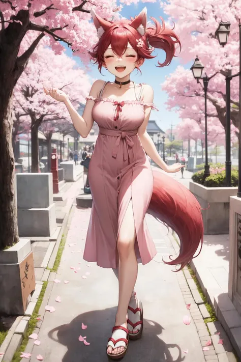 masterpiece, best quality, azurIse, choker, pink sundress, cherry blossoms, fox girl, fox tail, closed eyes, open mouth, smile, walking, sandals <lora:azurIse-nvwls-v1-000009:0.9>