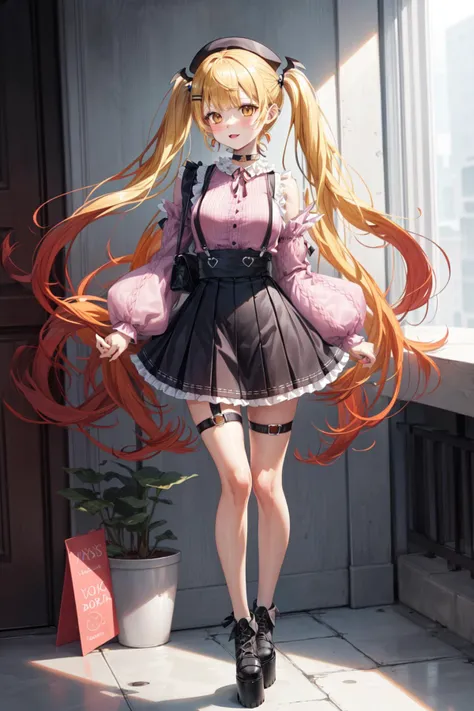 yozora mel, girl cowboy shot <lora:KitsuneAi-YozoraMel-LoCon32-V1-000011:0.8>
long hair, thigh strap, full body, hair ornament, black skirt, twintails, socks, black footwear, shoulder cutout, long sleeves, clothing cutout, choker, high-waist skirt, multicolored hair, frills, hairclip, shirt, miniskirt, black choker, black ribbon, jewelry, standing, ribbon, thighs, gradient hair, shoes, suspender skirt, pink shirt, platform footwear
