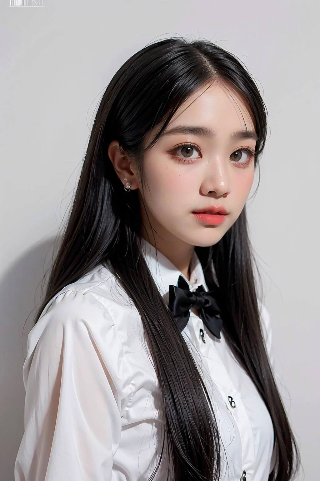 1girl, black random formal attire, white background, <lora:Mind4EVE_V1-02:1>