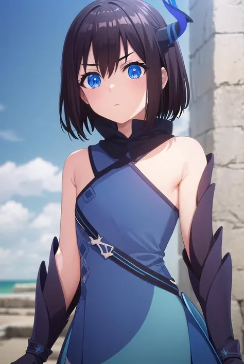 kannaogata, <lora:kanna ogata s1-lora-nochekaiser:1>,
kanna ogata, short hair, blue eyes, black hair, hair between eyes, horns, single horn, dragon horns, dragon girl,
BREAK gloves, dress, bare shoulders, wings, sleeveless, sleeveless dress, blue dress,
BREAK outdoors, sky, sun, clouds,
BREAK looking at viewer, (cowboy shot:1.5),
BREAK <lyco:GoodHands-beta2:1>, (masterpiece:1.2), best quality, high resolution, unity 8k wallpaper, (illustration:0.8), (beautiful detailed eyes:1.6), extremely detailed face, perfect lighting, extremely detailed CG, (perfect hands, perfect anatomy),