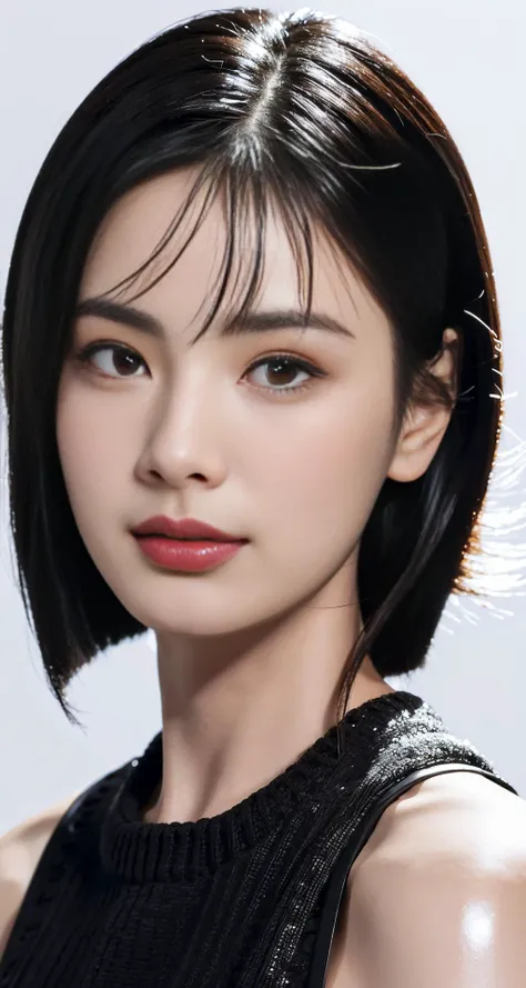 masterpiece,best quality,1girl,white background,black hair,Slicked Hair,face front,emotional face,close up,studio light,studio,side light,makeup portrait,face in center,medium breasts,white skin,shiny skin,model,<lora:makina69_nana_v1.0:1>,smile,