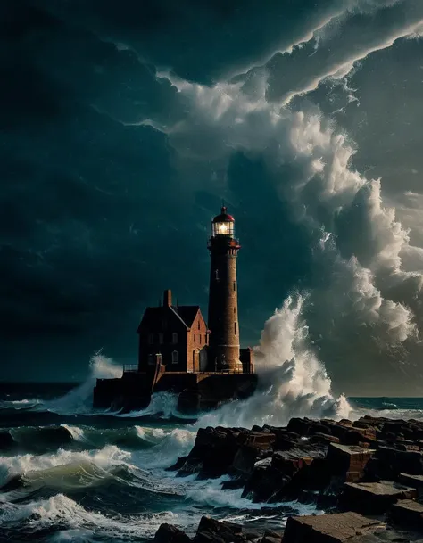 A lighthouse in a storm. The lighthouse is tall and made of brick. The storm is raging around it. The waves are crashing against the rocks. The sky is dark and ominous.