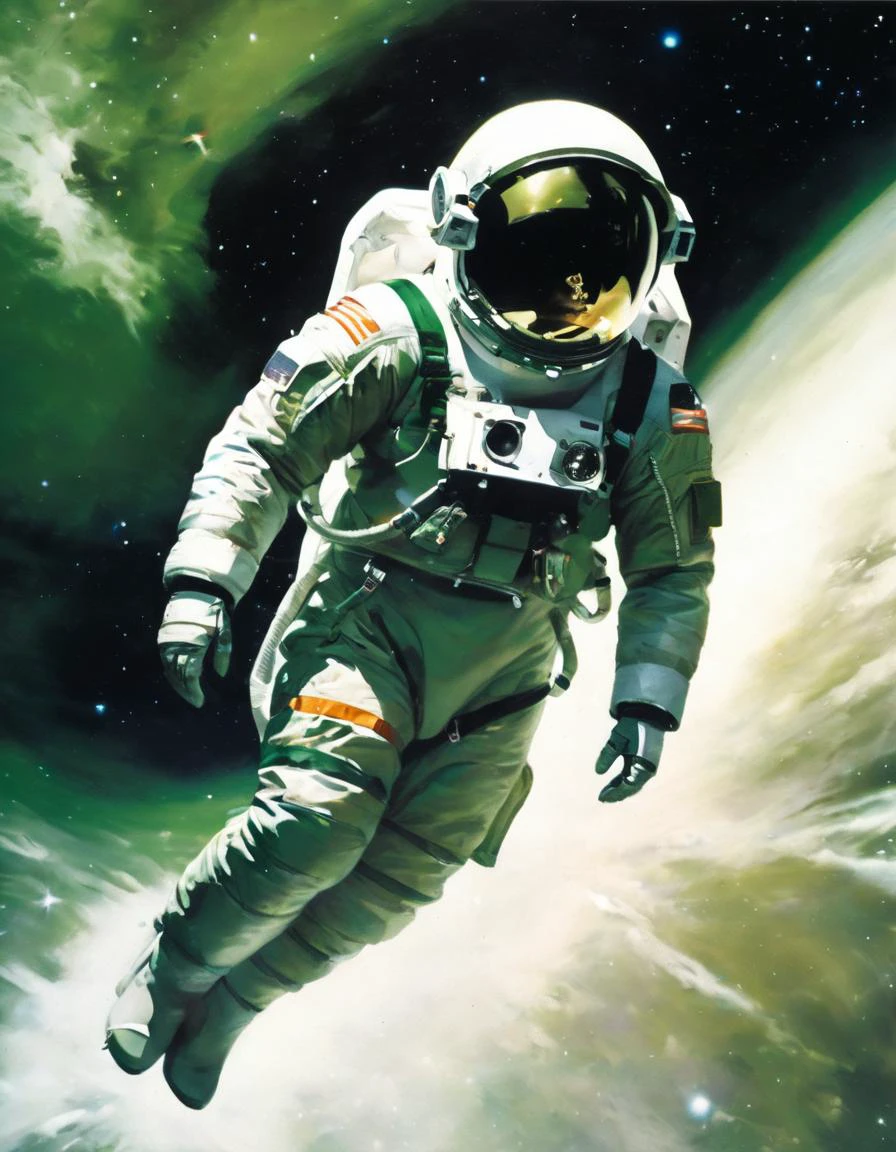 An astronaut in a spacesuit is floating in space. The spacesuit is green. The astronaut has thin eyebrows. The background is overexposed and has a high-key atmosphere. The color palette is olive green.