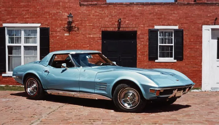 A 1972 Corvette Stingray parked in front of a red brick house. The car is red with a white interior. The car is playing the sound of music from the radio. The music is "My Favorite Things" from The Sound of Music. The sky is blue and the sun is shining.