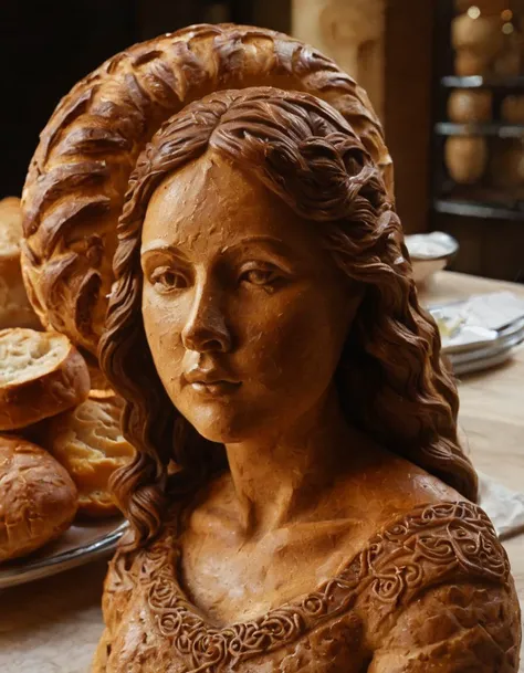 A sculpture made entirely of freshly baked bread crust. The sculpture is a bust of a woman with long brown hair. The bread crust is arranged in intricate patterns to create the details of the woman's face and hair. The sculpture is sitting on a wooden table in a bakery. There are other bread products on the table, including loaves of bread and croissants.