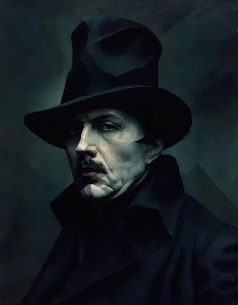 A man in historic clothing, wearing a long coat and a hat, is standing in front of a dark background. His face is contorted in an expressionist style. The colors are cubist, with sharp angles and overlapping shapes. The man's face is distorted, with elongated features and exaggerated expressions. His eyes are wide and staring, and his lips are twisted in a grotesque sneer. The background is dark and ominous, with jagged lines and overlapping shapes. The overall effect is unsettling and eerie, evoking a sense of unease and discomfort.