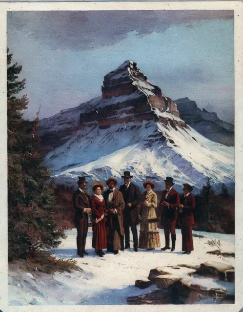 A polaroid photo from 1910 of a group of people standing in front of a snowy mountain. The photo is slightly faded and has a vintage, postcard-inspired frame. The sky is a deep wine color with a panoramic view of the horizon.