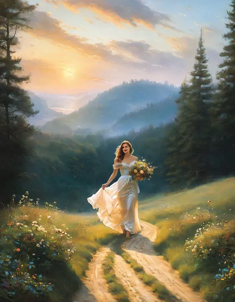 A whimsical, fairytale-inspired scene of a woman walking down a long, winding road that disappears into the horizon. The sky is soft and vintage-inspired, with a warm, golden glow. The woman is wearing a flowing, ivory-colored dress and carrying a basket filled with flowers. She is surrounded by tall, lush trees and wildflowers. The scene is set in a magical, enchanted forest, with a sense of mystery and wonder.