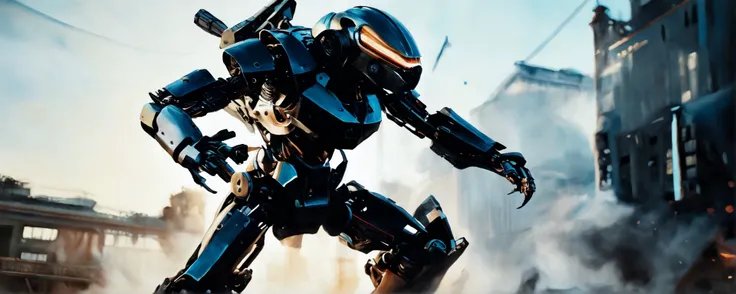 rule of thirds, (embedding:SimplePositiveXLv2.safetensors:0.5), ( portrait:1.1) of a A robot fighting against a giant monster in the middle of a city., The picture is dominated by the beautiful Global illumination. Captured with a focus on the intricate details and textures.