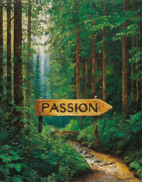 A sign that says "Passion" set in a forest environment. The sign is made of wood and has a rustic look. The forest is lush and green with tall trees and a stream running through it.