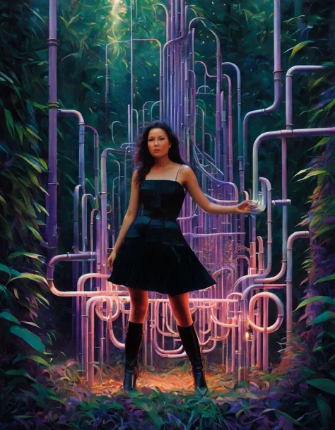 A woman is standing in a jungle made of pipes. The pipes are arranged in a complex and intricate way, creating a labyrinthine structure. The woman is wearing a simple black dress and black boots. She is holding a small device that emits an electromagnetic field. The electromagnetic field creates an aurora-like display in the sky, with lavender colors.