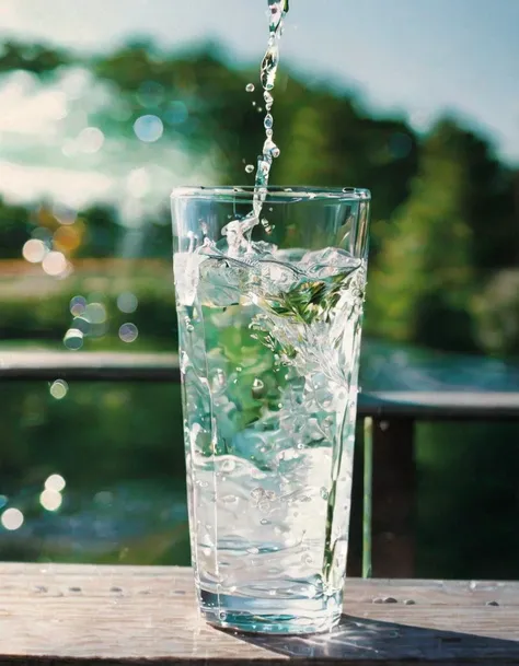 A close-up of a glass of sparkling water with bubbles rising to the surface. The glass is sitting on a wooden table in a Swedish urban landscape. The landscape is blurred and abstract, with light trails in the background. The color palette is mint green.