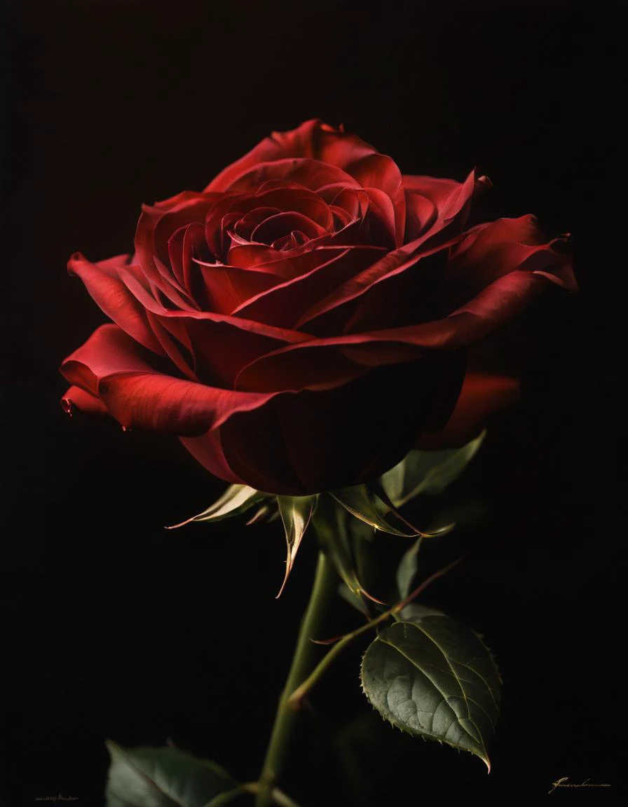 A close-up of a rose in full bloom, with stunning volumetric lighting and ultrafine hyper detailed focus. The rose is a deep bronze color, with intricate details in the petals and the stem. The background is dark and moody, with a hint of light shining through the petals.