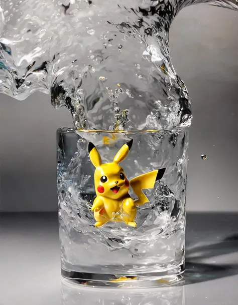 A close-up shot of a Pikachu figurine submerged in a clear glass filled with water. The water is swirling and creating a dynamic effect. The backdrop is a neutral grey tone to highlight the scene. The photograph is taken with a high-resolution camera, either a Canon EOS or a Fujifilm. The resolution is 8K.