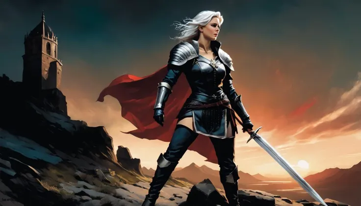 Ciri, the main character from The Witcher series, is depicted in a highly detailed comic book style illustration by Stefano Caselli. She is wearing full chivalry armor, including a silver helmet with a red plume, a silver breastplate, silver gauntlets, and silver boots. She is holding a silver sword in her right hand and a silver shield in her left hand. She is standing on a rocky terrain with a mountain in the background. The sky is dark and stormy.