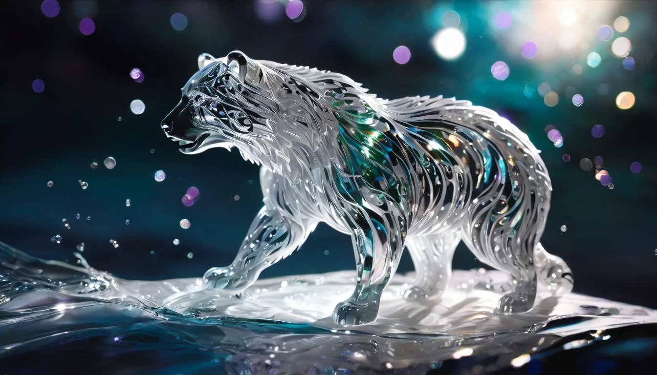 A ghostly transparent spirit bear shadow in a close-up splash, with glittering, cute and adorable filigree rim lighting and lights. The bear shadow is highly detailed, with vivid colors and ultra HD realistic sharpness and gloss. The composition is perfect and intricate, with a surreal and fantasy style inspired by Jean-Baptiste Monge and James Jean. The art is trending on ArtStation and is an Octane render.