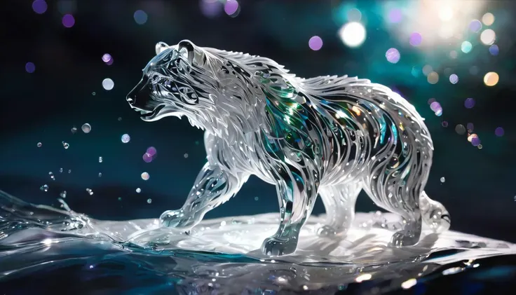 A ghostly transparent spirit bear shadow in a close-up splash, with glittering, cute and adorable filigree rim lighting and lights. The bear shadow is highly detailed, with vivid colors and ultra HD realistic sharpness and gloss. The composition is perfect and intricate, with a surreal and fantasy style inspired by Jean-Baptiste Monge and James Jean. The art is trending on ArtStation and is an Octane render.