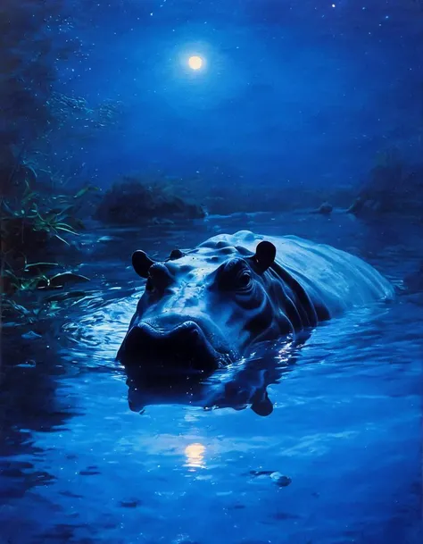 A hippo is partially submerged in water, with only its eyes, nostrils, and tusks visible. The water around it is a deep shade of blue, reflecting the glow of bioluminescent mushrooms that are growing on the riverbank. The moon is visible in the sky, casting a soft glow over the scene.