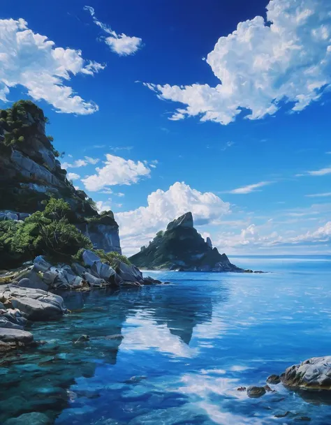 A surreal landscape where the sky and ocean have swapped places. The water is a deep shade of blue, with white clouds floating above it. The clouds are reflected in the water below, creating a disorienting effect. The landscape is intricate and accurate, with detailed depictions of rocks, trees, and vegetation. The image is captured in 8K resolution.