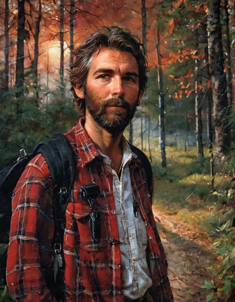 Ben Nicholas, a man with scruffy facial hair, is standing in a forest at sunset. The trees are tall and the leaves are turning red and orange. There are glistening, dew-covered spiderwebs in the air. Ben is wearing a red and black flannel shirt and jeans. He is holding a backpack and a camera.