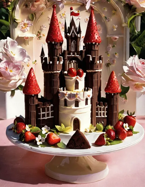 A cake made of layers of chocolate cake, vanilla frosting, and strawberries. The cake is shaped like a castle with a drawbridge and a moat. The castle is surrounded by a garden of flowers. There is a sign that says 'Happy Birthday' next to the cake.