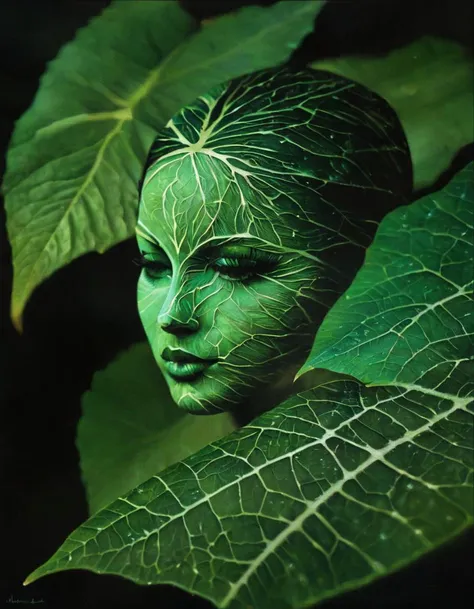 A close-up image of a leaf vein that has been transformed into a stylized image of a woman's face. The veins have been enhanced and turned into intricate patterns that resemble a work of art. The background is a dark green color.