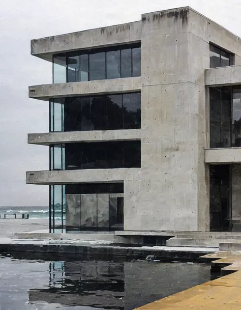 A simple brutalist building made of concrete and glass, with clean lines and geometric shapes. The building is surrounded by waves and splashes of water. The waves are calm and reflect the building's clean lines. The color palette is mustard, with accents of black and white. The composition is minimalist and zen-like, with a focus on simplicity and harmony.