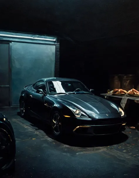 A sleek, black sports car made entirely of meat is parked in a dimly lit garage. The walls are covered in intricate brass pipes, which emit a low, ominous hum. The car's interior is luxurious, with leather seats and a state-of-the-art sound system. The driver, a high-fashion model with a dark, brooding expression, sits behind the wheel, staring out into the stormy night. The sky is a deep, zinc color, with no hint of brightness, signifying despair without hope.