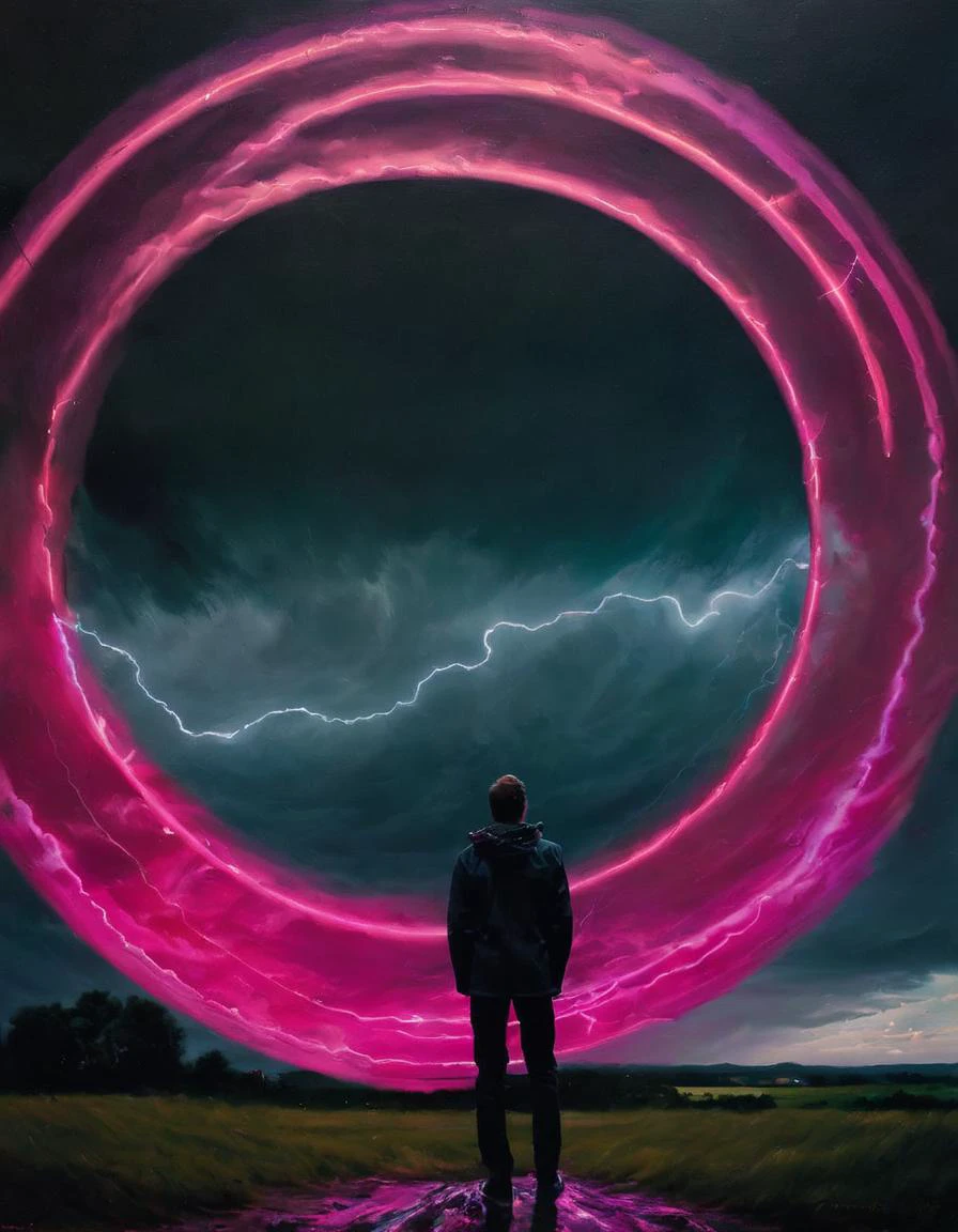 Chad is standing in front of a large piece of abstract art. The art is titled "In the Loop:0.0". The piece features several interconnected rings or loops painted in bright, inviting colors. The colors are predominantly pink. Chad is looking at the art with a sense of awe and wonder. In the distance, there is a storm brewing, with dark clouds and lightning flashes. The storm adds a sense of drama and intensity to the scene.