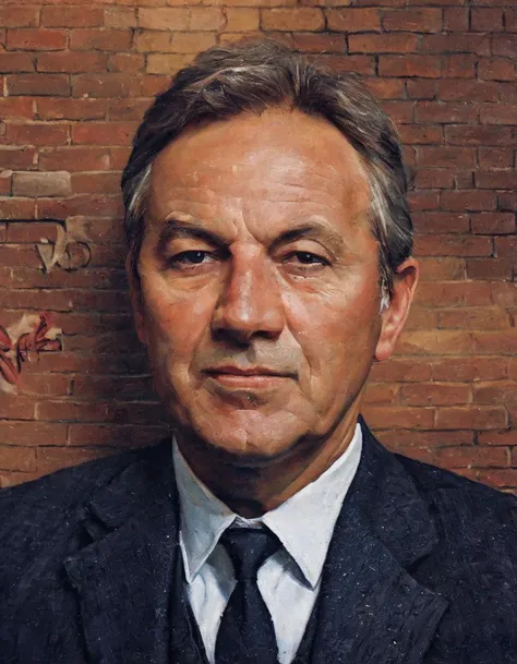 A portrait of a man in his 50s with an asymmetrical face, hooked nose, crooked teeth, wrinkles, divergent squint, large forehead and thin facial features. He is wearing a suit and tie. He is standing in front of a brick wall with graffiti on it.