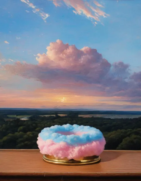 A horizontal ring with a golden band and a diamond in the center. The ring is sitting on a wooden table in a courthouse. The courthouse has a soft, cotton candy-like color palette. The sky outside is a soft sky blue color. The sky is filled with soft, cotton candy-like clouds. However, there is a downward cascade of darker, heavy colors in the sky, symbolizing despair or depression.