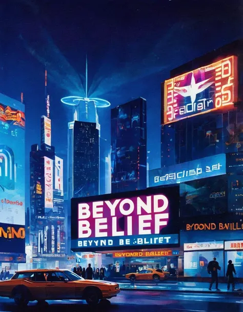 The logo "Beyond Belief" is set in a futuristic cityscape with flying cars and tall buildings. The logo is on a billboard that is being displayed on a large screen in the city. The screen is surrounded by neon lights and holographic advertisements.