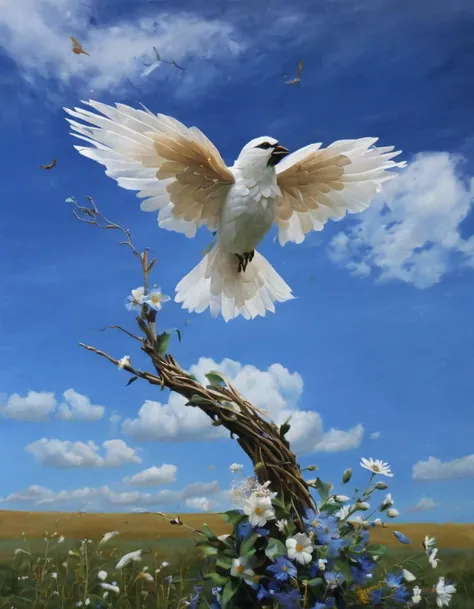 A delicate sculpture made of brittle parchment. The sculpture is a bird with outstretched wings. The bird is perched on a tree branch made of twigs. The tree is surrounded by a field of wildflowers. The sky is a deep blue with a few fluffy white clouds.