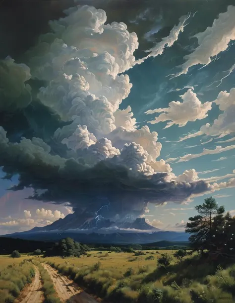 A dramatic cloudscape with jade color palette, featuring a landscape with a mountain range in the distance. The clouds are dark and ominous, with lightning bolts striking the mountains. The sky is filled with a variety of clouds, including cumulonimbus, stratus, and cirrus. The scene is set in a post-apocalyptic world, with abandoned buildings and rusted machinery scattered throughout the landscape. The artist, Alyssa Monks, has used V-Ray to create a highly detailed and atmospheric scene.